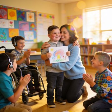 inclusive education, special needs, wheelchair student, prosthetic arm, group project, classroom collaboration, diverse students, together poster, inclusive classroom, adaptive learning, disability in