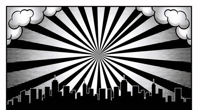 Retro black skyline featuring dynamic comic-style radial burst rays and dramatic urban silhouettes. Excellent for entertainment, posters, gaming graphics, and promotional materials.