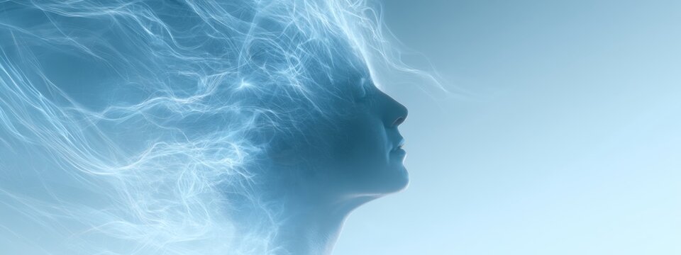Human Silhouette Surrounded by Glowing Neural Pathways in a Dreamlike Abstract Composition