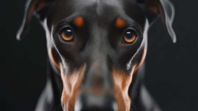Doberman Pinscher Slowly Blinking with Sharp Focused Eyes, Close-up Portrait