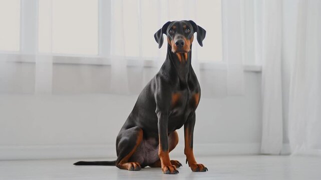 Doberman Pinscher Sitting Upright with Alert Powerful Posture, Sleek Short Coat