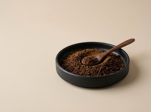 Black bowl with dry black beans and a wooden spoon for cooking healthy food. chaga powder