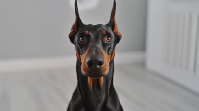 Doberman Pinscher Slowly Blinking with Sharp Focused Eyes, Close-up Portrait