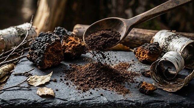 Chaga mushroom powder being scooped with a wooden spoon on a dark stone surface. chaga powder