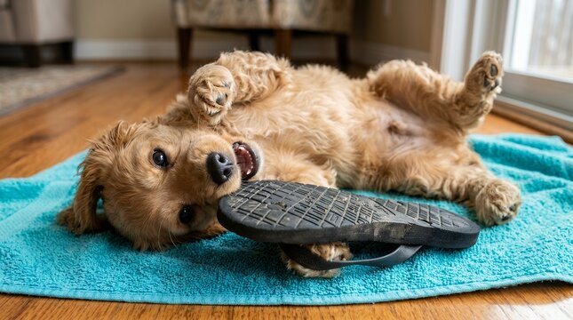 Playful golden doodle puppy lying on back chewing a shoe, mischievous pet dog playing with flip flop on blue towel, naughty domestic animal behavior