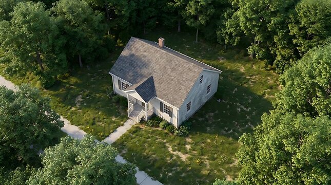Aerial view of a small cottage surrounded by lush forest for a fixer upper house class prompt engineer visual concept for real estate investment.