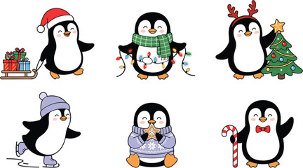 Fototapeta premium Cute winter Christmas penguin cartoon set on white background