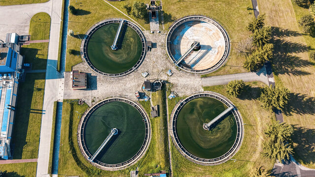 High angle aerial view of environmental water treatment facility