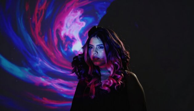 Woman Illuminated by Swirling Cosmic Nebula Projection.
