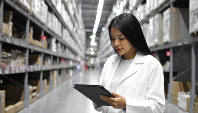 Woman in Lab Coat Inspecting Inventory on Tablet in Warehouse.