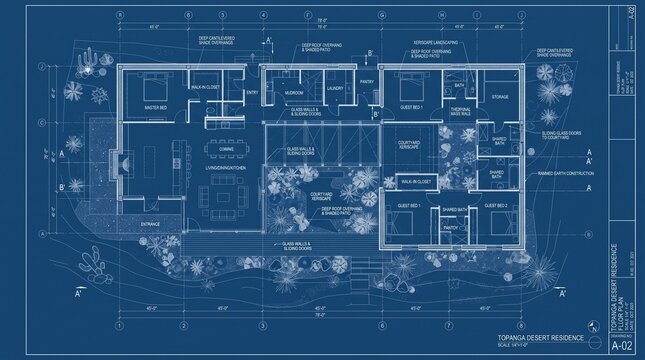 Architectural blueprint drawing of modern house floor plan