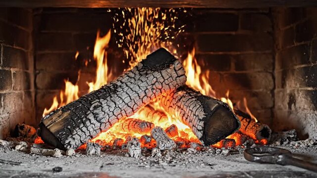 Warm fire burning in brick fireplace with glowing embers and dancing flames