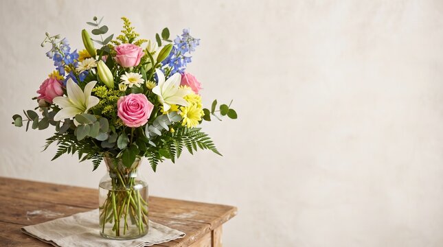 Beautiful flower bouquet in glass vase on wooden table