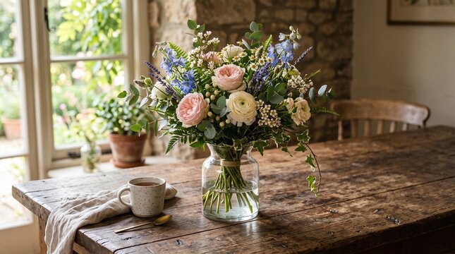 Beautiful flower bouquet in glass vase on rustic wooden table