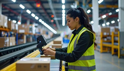 Fototapeta premium Woman Scanning Packages in a Busy Warehouse Logistics Center.