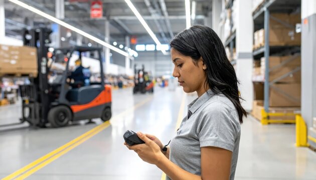 Woman Using Scanner in Busy Warehouse with Forklifts.