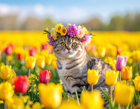 Cute Scottish Fold cat wearing a floral crown sitting in a vibrant spring tulip field