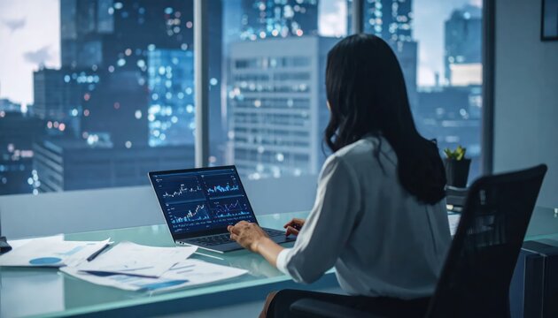 Woman Working Late in Modern Office with Cityscape View.