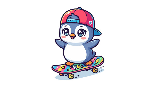 Cute cartoon penguin riding colorful skateboard with cap vector illustration