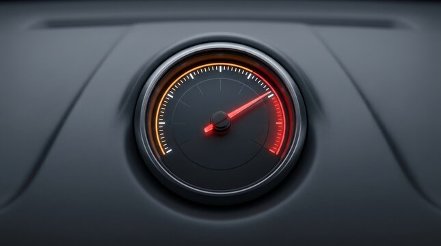 Optimizing Business Performance Through Strategic Positioning, Automotive dashboard gauge with a red needle, indicating high performance or speed on a dark background.