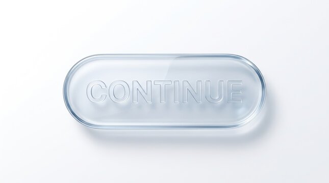 Icy glass UI button with continue text in a clean minimalist style on a bright white background
