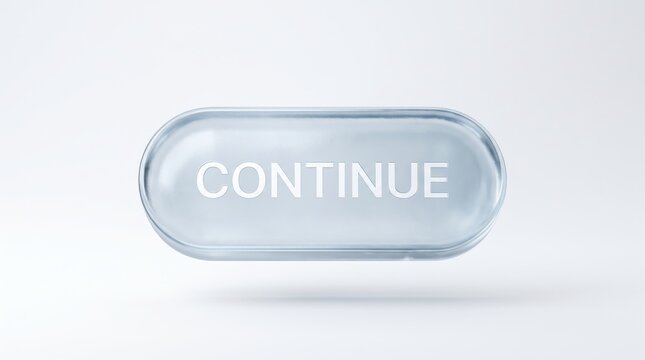 Glossy icy glass UI button with continue text for modern digital interface and web design