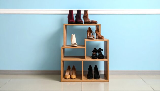 Wooden Shoe Rack Filled with Assorted Footwear Against Blue Wall.