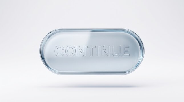 Reflective icy glass UI button with continue label for high quality digital user interface