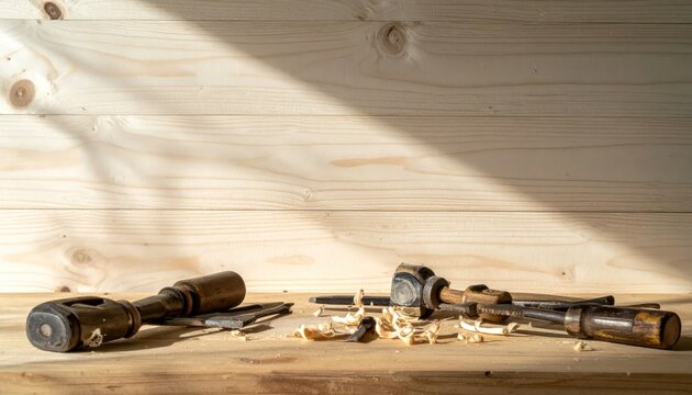 Woodworking Tools and Sawdust on a Wooden Surface with Sunlight.