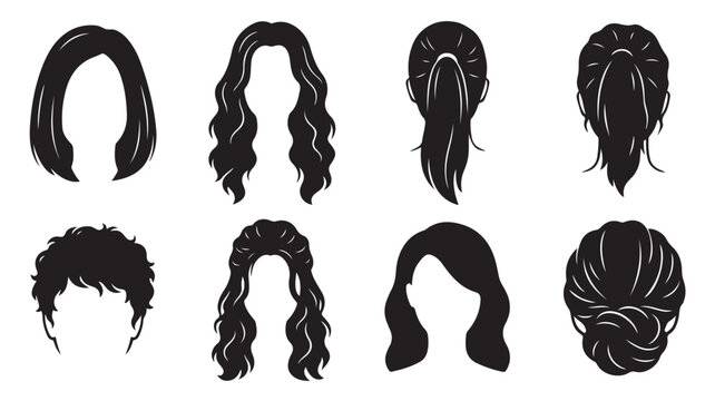 Black hair silhouette collection, 8 female hairstyle vector icons, diverse woman hair types including curly wavy and straight styles for salon branding