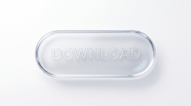 Glass morphism download button with embossed text for modern user interface design elements.