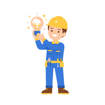 Cute electrician cartoon character holding a glowing lightbulb, friendly maintenance worker in blue uniform and yellow hard hat, vector illustration