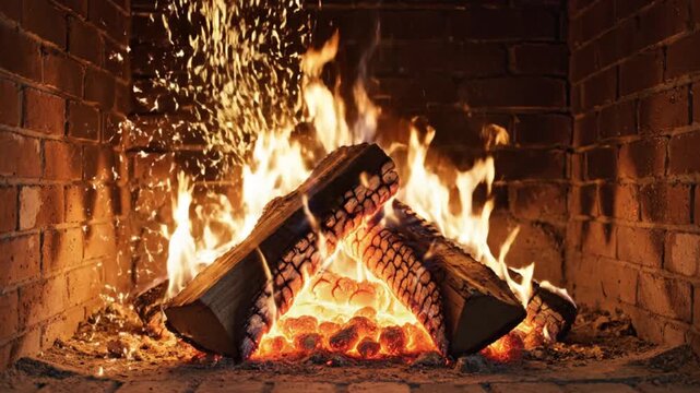 Warm fireplace flames burning wood logs cozy atmosphere