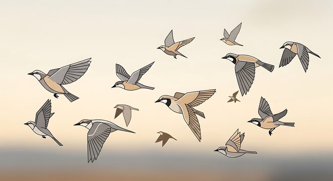 Flock of birds flying in sky during sunrise vector illustration with wildlife