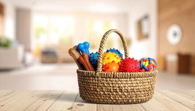 Woven Basket Filled with Colorful Pet Toys on Wooden Table.