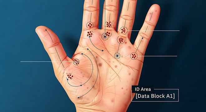 Human palm with geometric data mapping nodes and lines illustration, technology