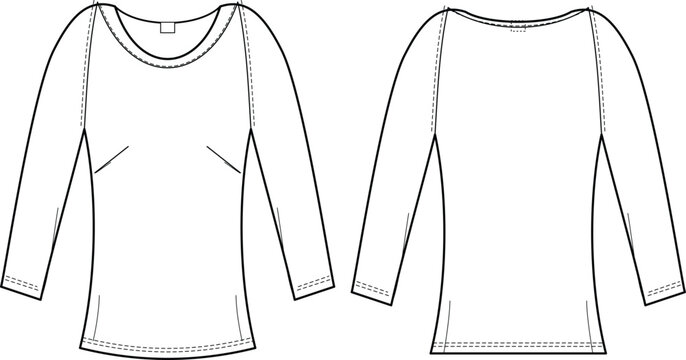 Black and white flat sketch vector of a long sleeve top with scoop neckline