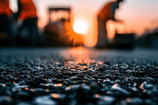 Close-up of asphalt as construction workers operate machinery at sunset