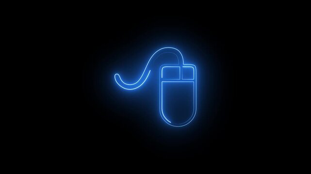 Blue Glowing Neon Computer Mouse Animated Icon Motion Graphics Stock Overlay Isolated Black Background Tech PC Clicker Hardware Symbol.