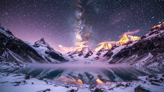 Majestic mountain peaks under starry night sky reflecting in icy lake