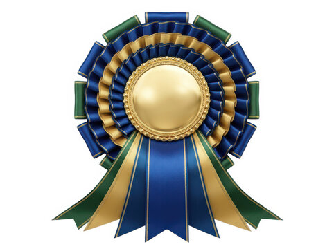 Decorative gold medal rosette with blue and green ribbons for winning first place