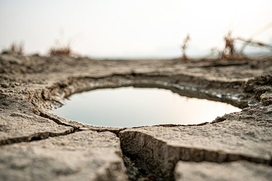 Cracked, dry earth cradles a small pool of water
