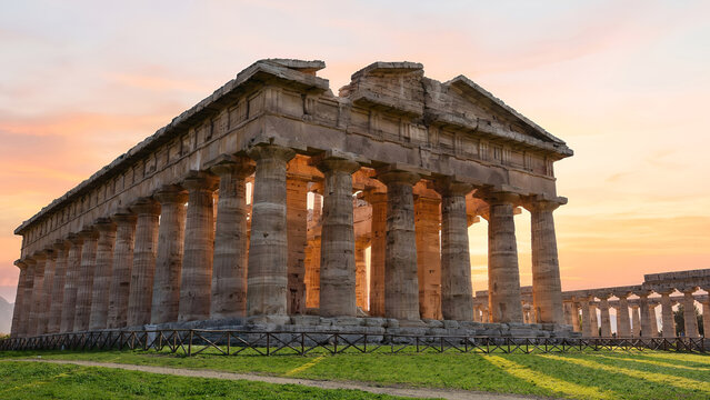 Ancient Greek Temple of Hera in Paestum Italy at Sunset