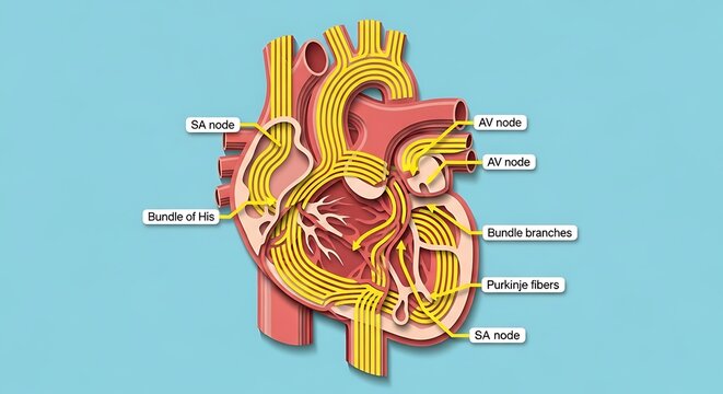 Anatomical illustration of the human heart conduction system diagram