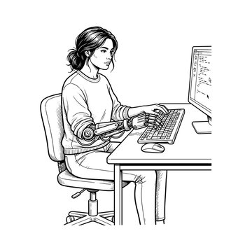 Woman with prosthetic arm typing keyboard for digital inclusion blogs technology websites