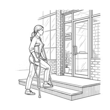 Woman with crutches entering office building for workplace accessibility blogs, disability employment websites