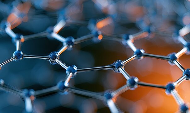 Macro close-up of metallic spheres interconnected in a hexagonal lattice, softly lit