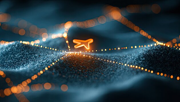 Glowing network lines trace a path through shimmering digital particles, with a stylized plane icon