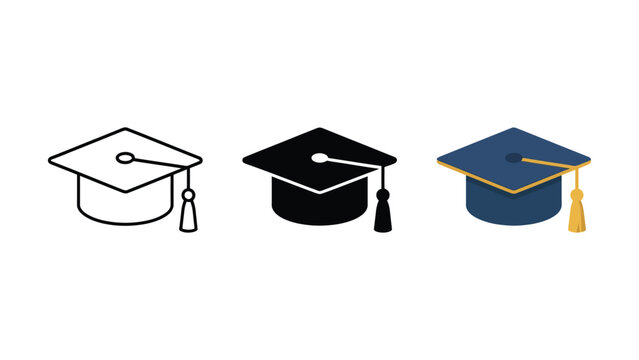 Three graduation caps with tassels in different styles and colors