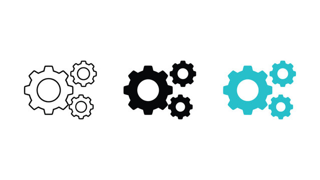 Three sets of interlocking gear icons in different colors on transparent background